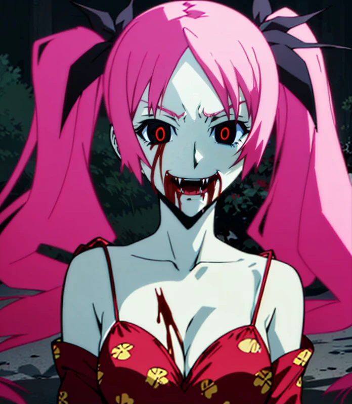 1girl, 18 years old, (looking at viewer), behind a tree, (body covered in blood, bloody:1.3),(fangs, closed mouth:1.3),
<lora:m3gum1-000007:.75>, (red eyes), long pink hair,  ( mega twintails), (cleavage),  (hair ribbons:1),(wearing sexy pjs:1.2), pale skin,
<lora:animemix_v3_offset:.4>, 
(masterpiece:1.3), (best quality:1.2), (high resolution:1.2),cinematic lighting,colorful, high contrast,