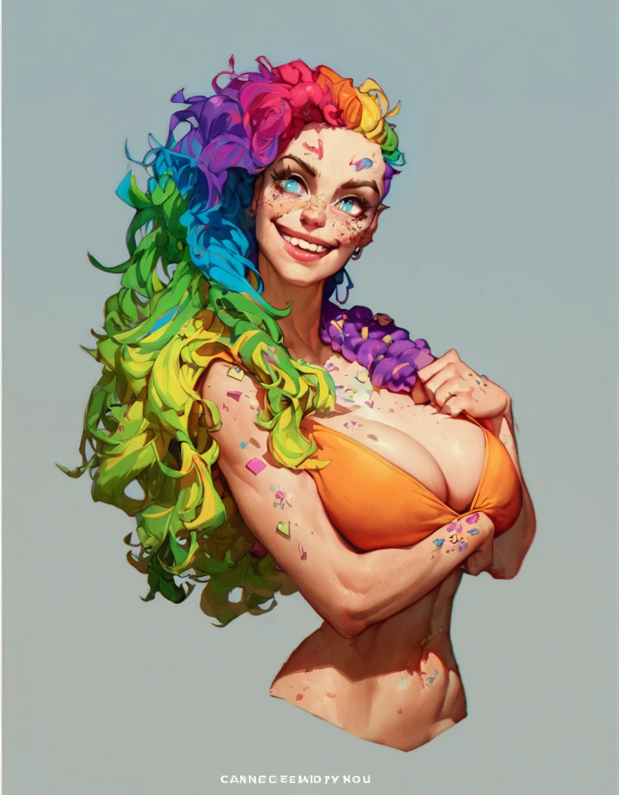 A Gil Elvgren pin-up style painting of a beautiful nude woman with big messy hair, vibrant and colorful, full body shot
