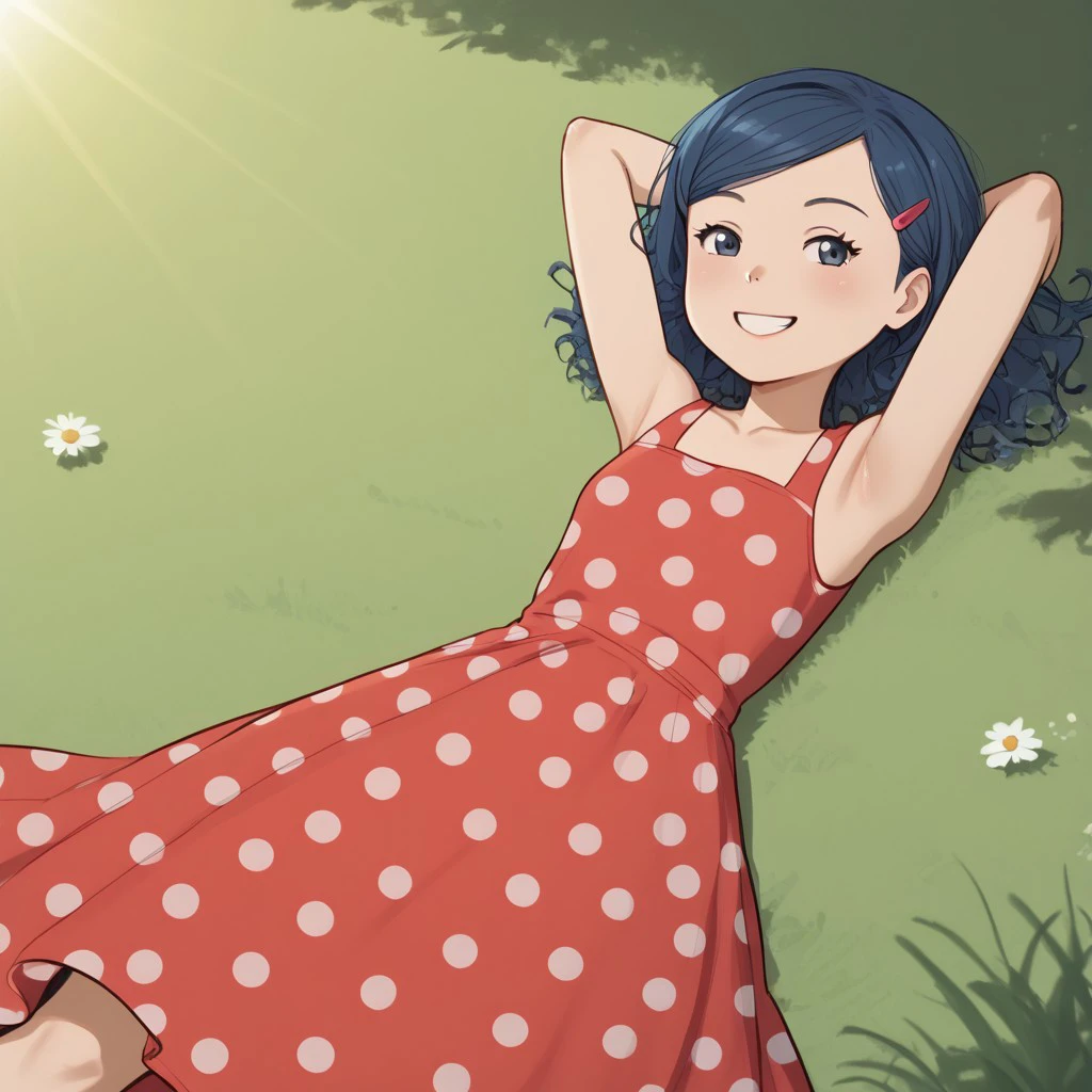 score_9, score_8, score_9, BREAK, dotcomet, blue hair, hairclip, polka dot dress, lying on back, smile, hands behind head, grass, outdoors, sunlight, shadow