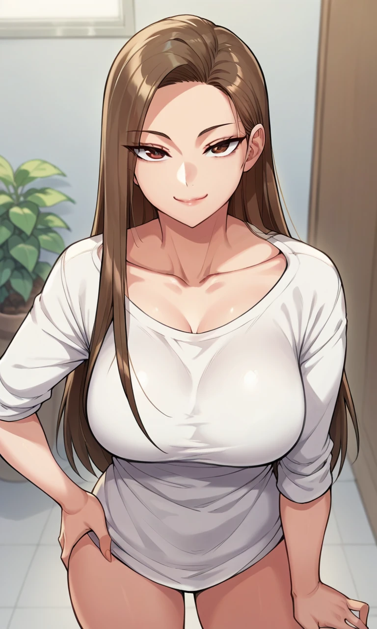 score_9, score_8_up, score_7_up, brown hair, brown eyes, long hair, standing, facing forward, hand on own hip, large breasts, shirt, white shirt, collarbone, seductive smile, closed mouth, looking at viewer