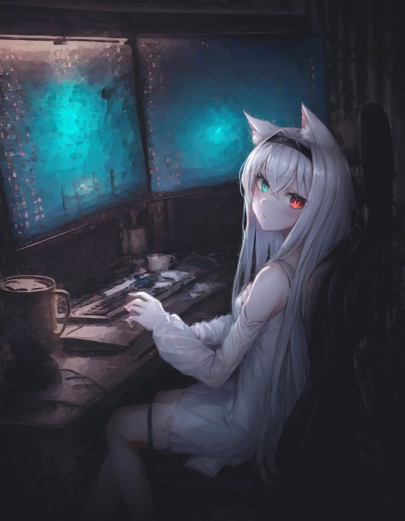 fox girl, solo, green eyes, red eyes, heterochromia, slit pupils, blush, white hair, black headband, hair intakes, crossed bangs, long hair, sleeveless dress, white dress, spaghetti strap, collarbone, breasts, night, dark, indoors, desk lamp, cup, monitor, keyboard \(computer\), sitting, gaming chair, amazing quality, <lora:Y_XNight:1>