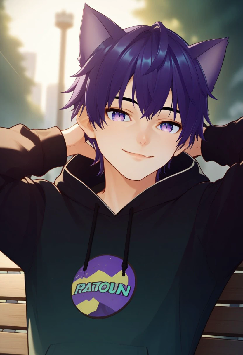 end_vtuber_dusk, source_anime, newest, 1boy, male focus, solo, animal ears, hoodie, hood, cat ears, purple eyes,  smile,  purple hair, sitting, park bench, virtual youtuber, gradient hair, specular highlights, side lighting, city view, outdoors, extreme light and shadow, cinematic lighting, cinematic angle, close up, arms behind head, natural lighting, score_9, score_8_up, score_7_up, score_6_up, score_5_up, score_4_up,