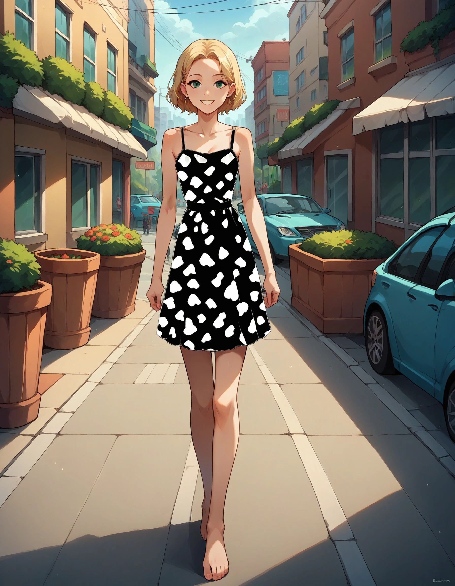 score_9, score_8_up, score_7_up, score_6_up, source_anime, rating_safe, city, street, 1woman, slender, walking, invcop pattern, dress, smile, detailed background