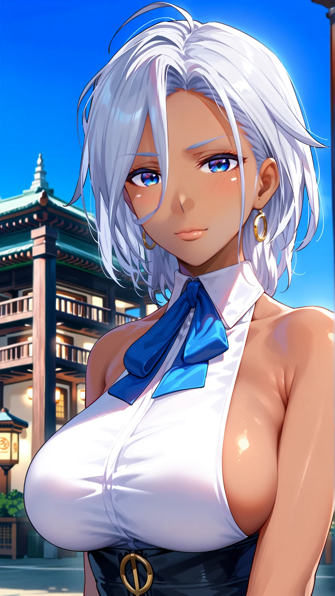 fantasy-style, (zPDXL2), (((close up portrait))), (((dynamic pose))), (((dynamic angle))), sehele style, webtoon, anime, centered, 1girl, 1woman, anapal, tall, dark tanned skin, sideboob, dark silver hair, deep blue eyes, white dress with open back and bibs, blue ribbon, blushing, outdoors, japan town background, <lora:sd_xl_dpo_lora_v1:1>, <lora:OMG-Is-DucHaiten_v1.0:0.1>, <lora:Seunghee_Lee_Style_PDXL:1>, <lora:ManhwaSDXL:0.8>, <lora:anapal_PonyXL:0.8>