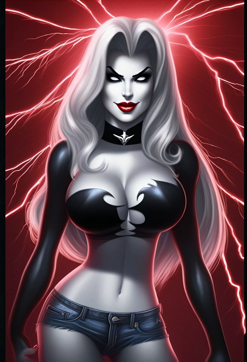 Lady_Death, 1girl, solo, long hair, breasts, smile, black shirt, upper body, choker,  denim shorts, lips, makeup, lipstick, red lips, white eyes, no pupils, lightning, black lips, solid eyes, portrait, upper body, official art, extreme light and shadow, cinematic lighting, cinematic angle, best quality, masterpiece