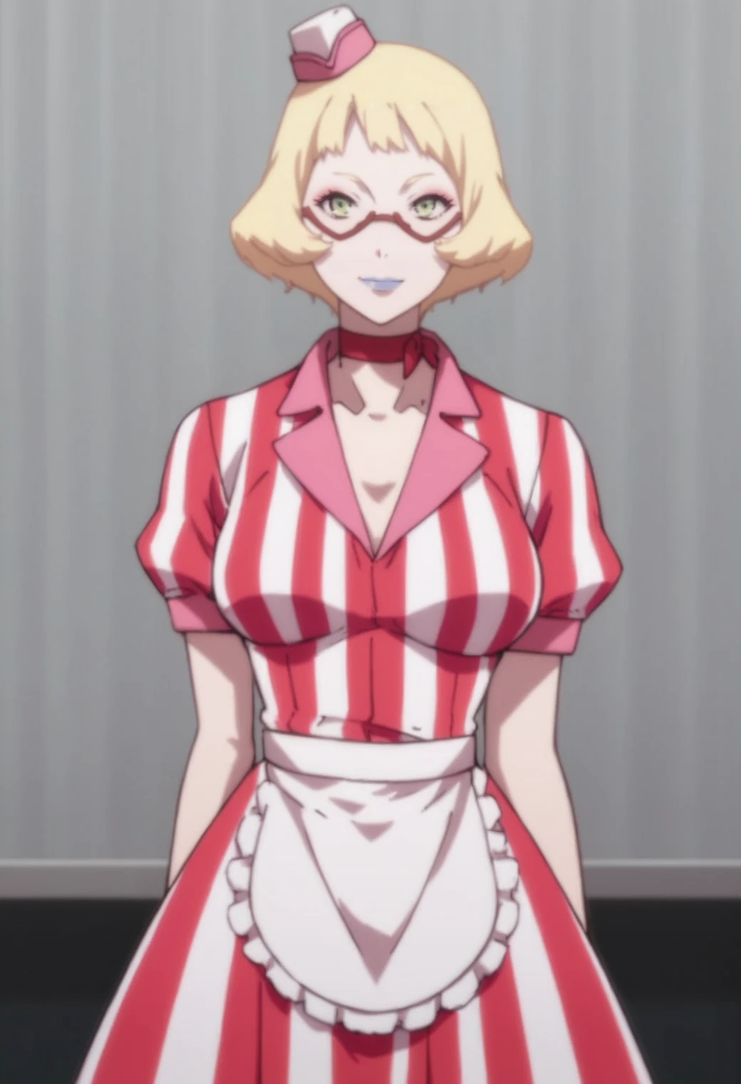 score_9,score_8_up,score_7_up, source_anime,  masterpiece, best quality,1girl,cowboy shot, solo, looking at viewer,  <lora:chiaki-10:0.8> chiaki, glasses, waitress, striped dress, choker, hat, apron,