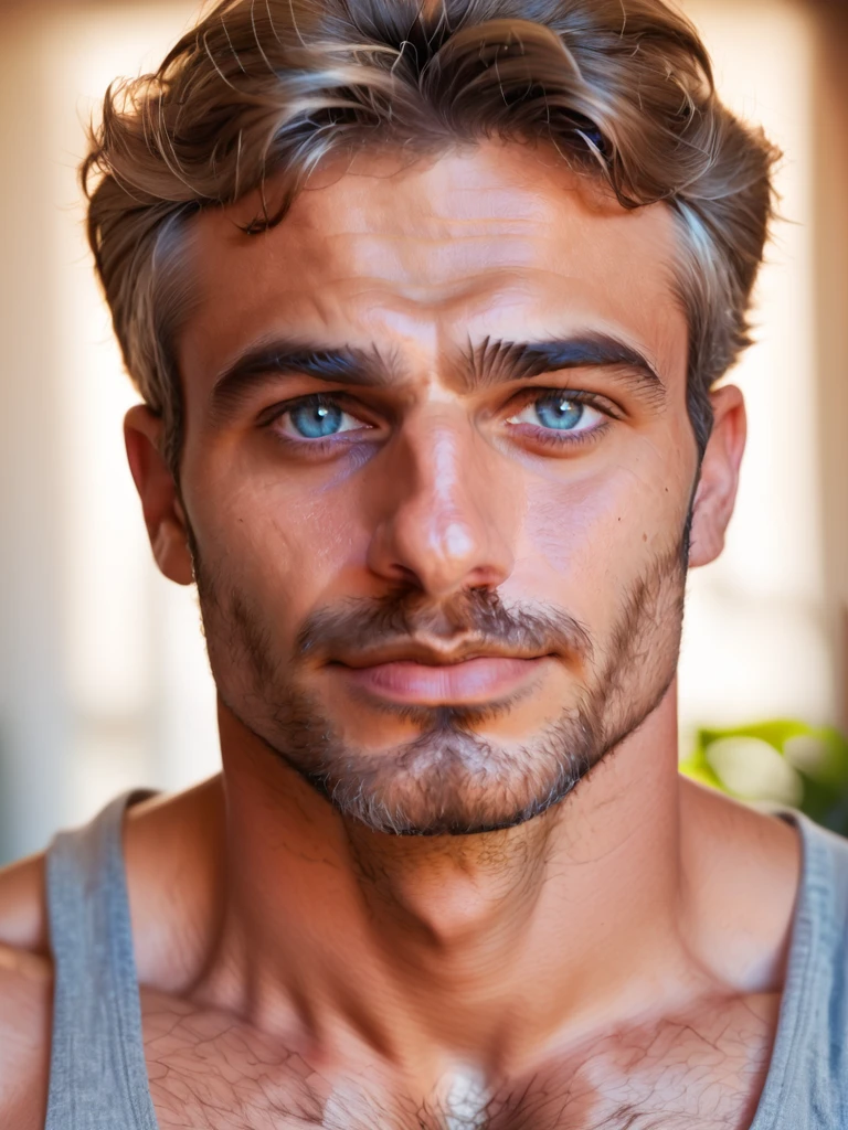 score_9, score_8_up,score_7_up, score_6_up, score_5_up, score_4_up, hyperrealistic, close up face , Iskender , man standing in garden, hairy body, dark-blue-eyes,  hairy, sunny day, jeans, tank-top, masterpiece, best quality, athletic, <lora:TrSerkan-Iskender-Pony-v3:1>