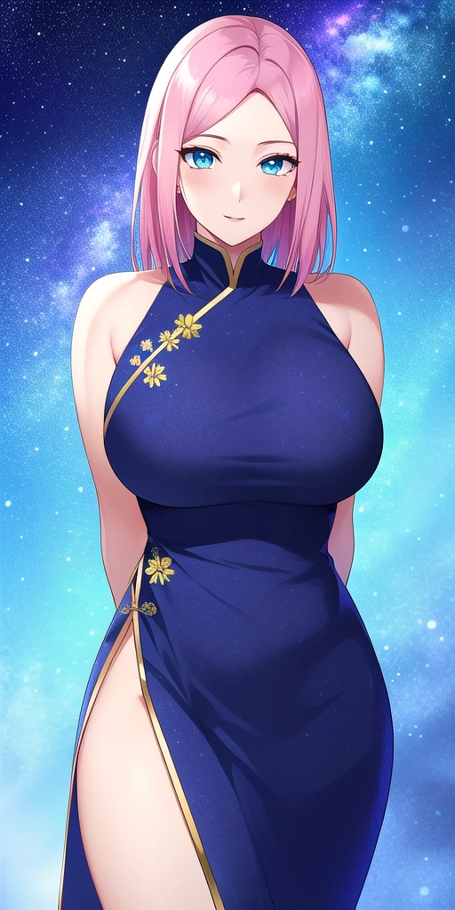 <lora:HarunoSakuraV5:0.7> huge_breasts, harusakumature, standing, solo, arms_behind_back, starry_sky,  china_dress, masterpiece, best_quality, detailed_face, detailed_eyes, highres, beautiful, detailed, absurdres,