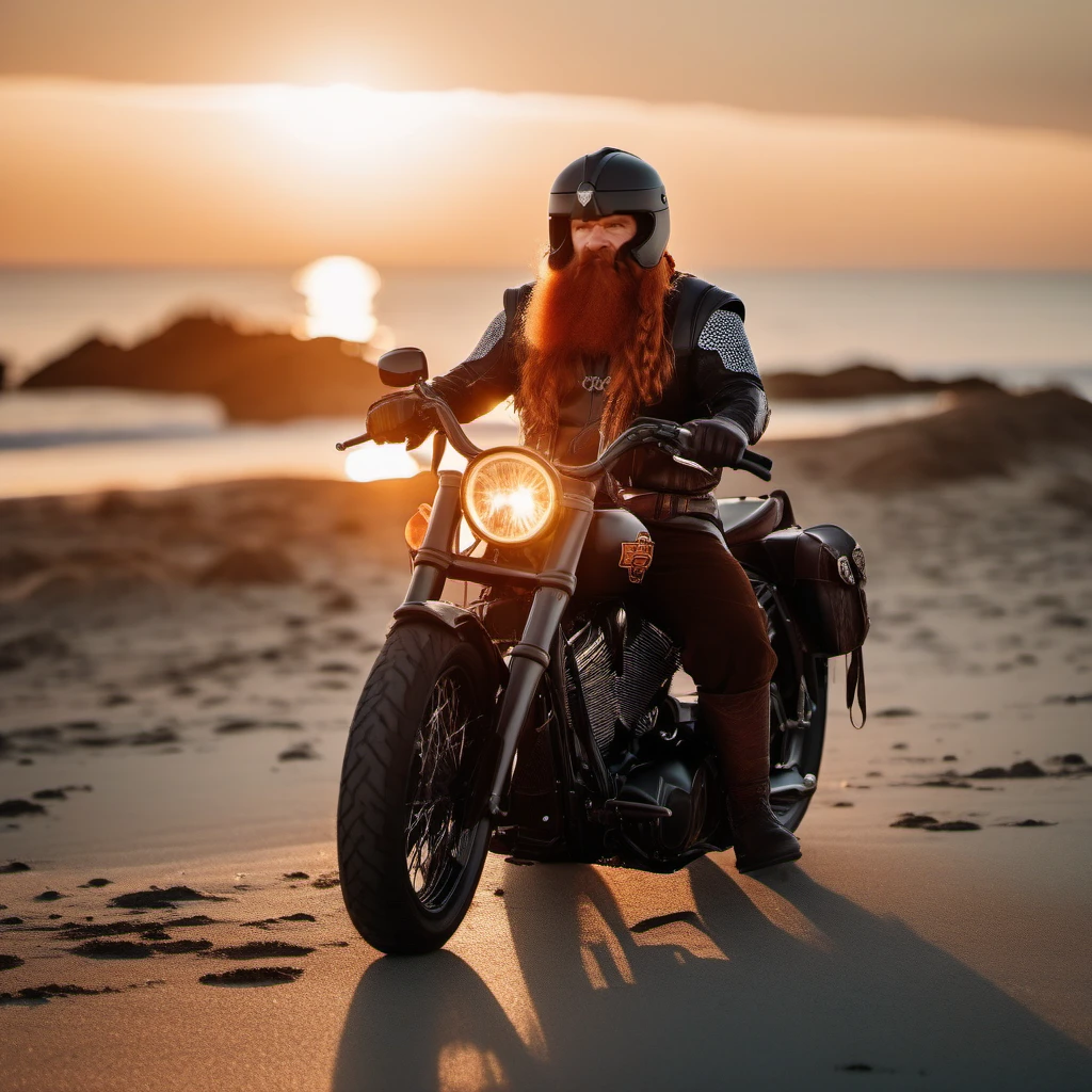 cinematic photo a full body portrait old man, redhead, helmet braids, armor, facial hair,  belt, riding a harley davidson, beach, sunset<lora:Gimli1024:0.8> . 35mm photograph, film, bokeh, professional, 4k, highly detailed