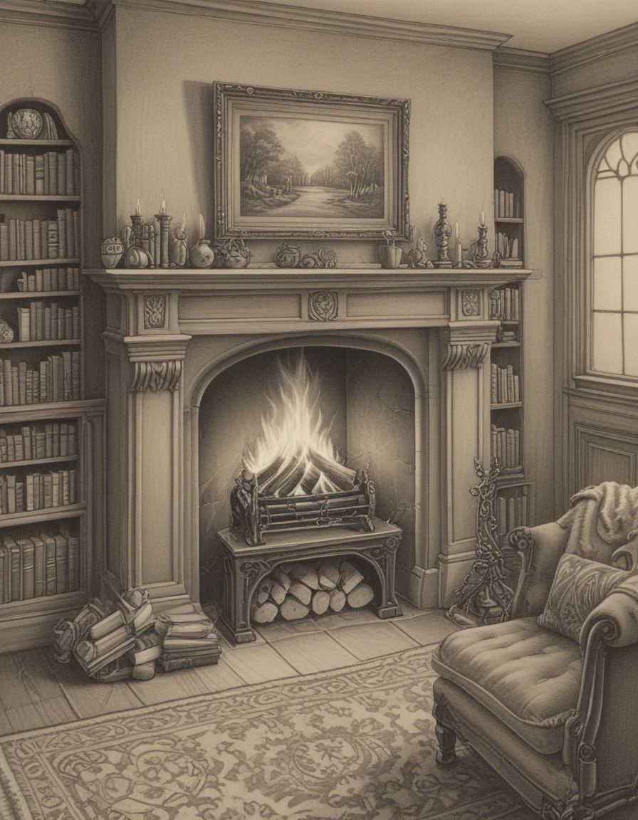 <lora:CBS_novuschroma21 style:1> novuschroma21 sepia pencil drawing of cozy study with a fireplace