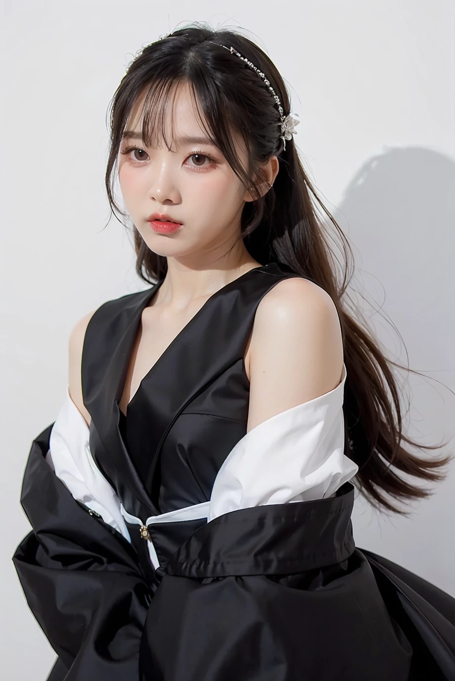 1girl, black  random formal attire, white background,    <lora:sleepypupe_zzz-02:1>