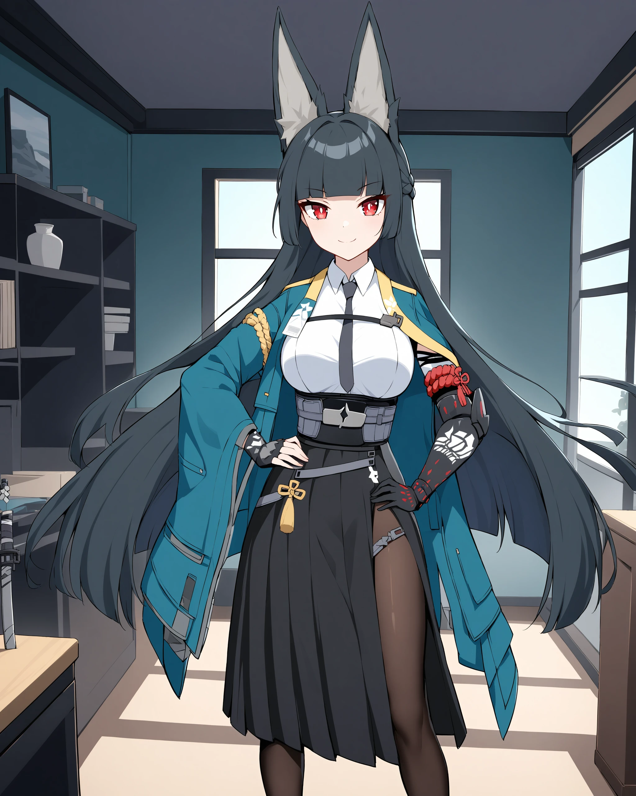 <lora:Miyabi Hoshimi:1> Miyabi Hoshimi, red eyes, black hair, long hair, animal ears, jacket, skirt, pantyhose, gloves, smile, looking at viewer, hand on hips, room, solo,