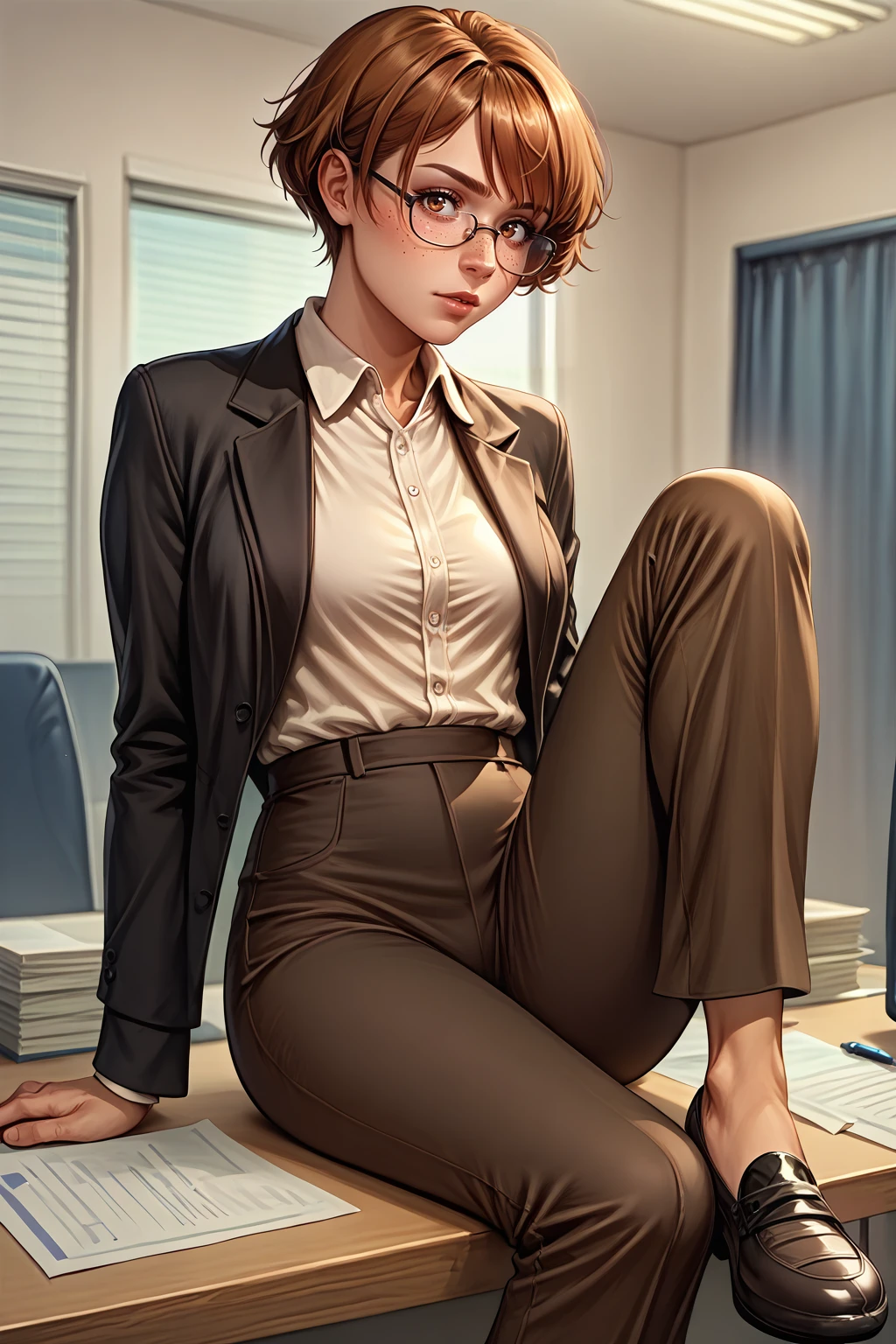 score_9, score_8_up, 1girl, solo, <lora:NSDorothyFE6:1> NSDorothyFE6, freckles, brown hair, short hair, brown eyes, crossdressing, collared shirt, glasses, office, medium breasts, formal suit, black footwear, black pants, black jacket, sitting