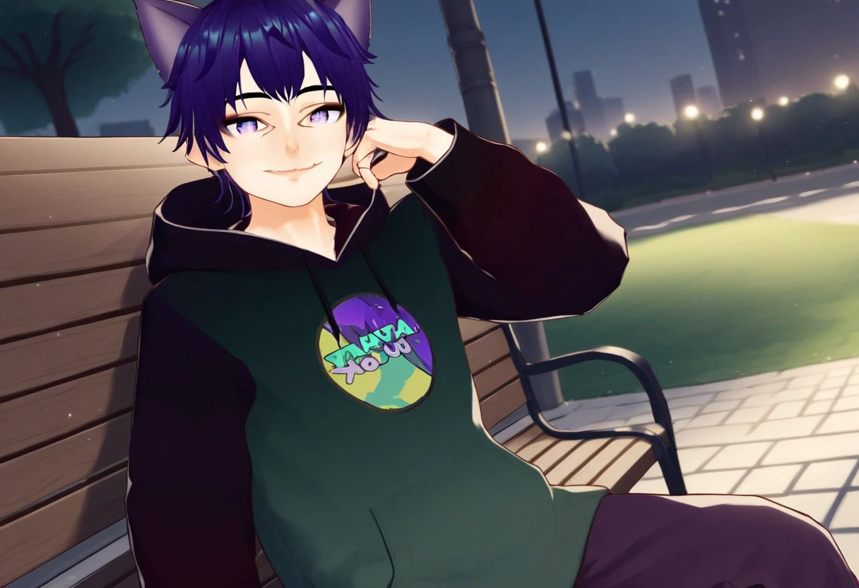 end_vtuber_dusk, 1boy, male focus, solo, animal ears, hoodie, hood, cat ears, purple eyes,  smile,  purple hair, sitting, park bench, virtual youtuber, gradient hair, specular highlights, side lighting, city view, outdoors, extreme light and shadow, cinematic lighting, cinematic angle, score_9, score_8_up, score_7_up, score_6_up, score_5_up, score_4_up,