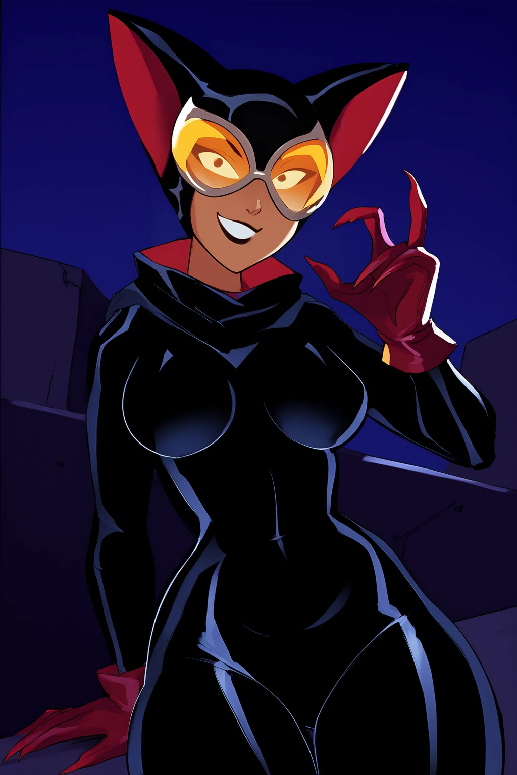 a cartoon of a woman in a cat suit and glasses, inspired by Bruce Timm, catwoman, cat woman, by Bruce Timm, cassandra cain in satin, villainess, selina, vixen, villainess has black angel wings, brittney lee, batwoman, full body close-up shot, batgirl, wearing a black catsuit, villain pose, cassandra cain
