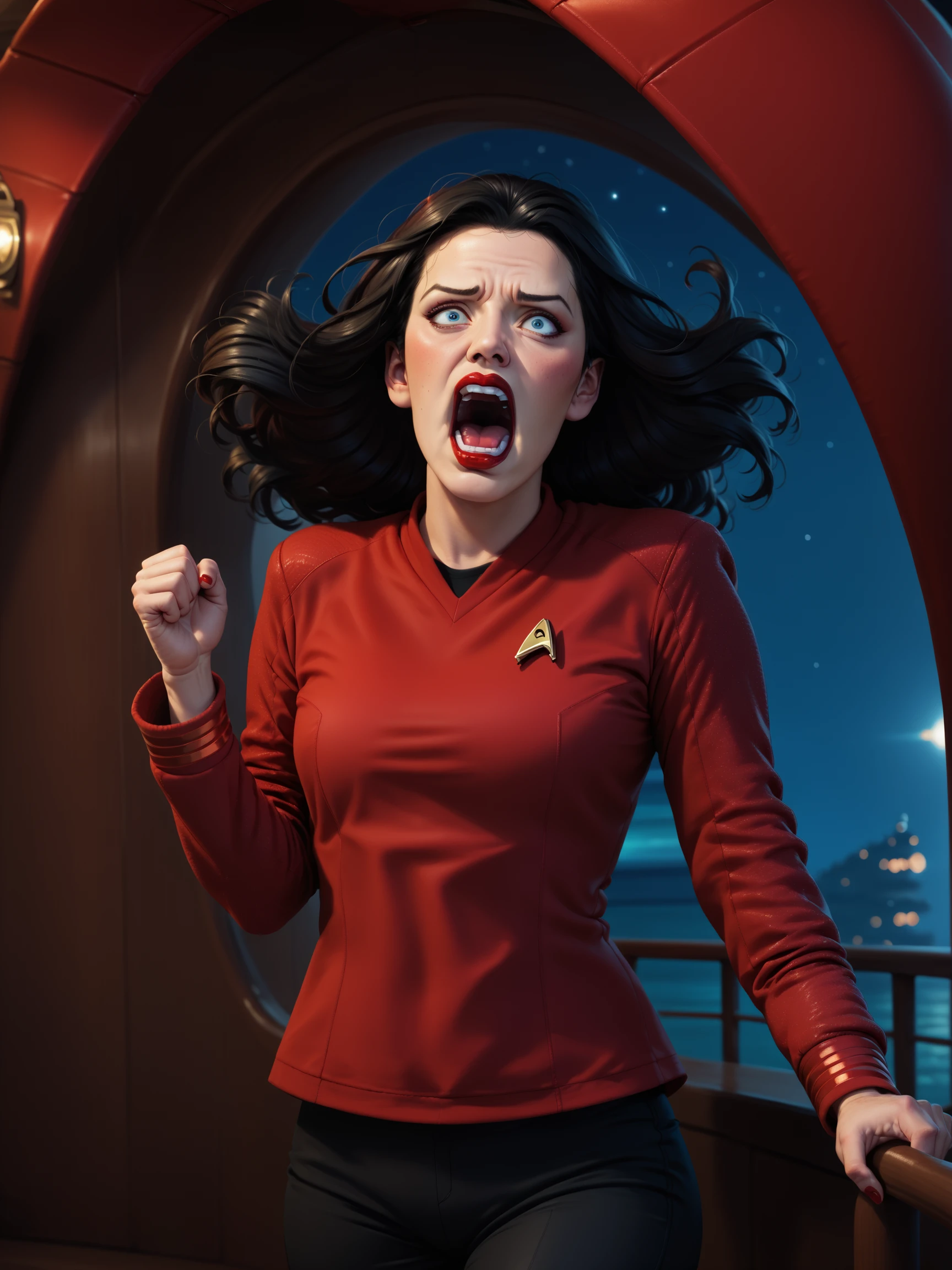 score_9, score_8_up, score_7_up, score_6_up, score_5_up, 1girl, solo, star trek red uniform, in stsnwunf,long sleeves,black pants,at night,on a ship,screaming,golden lock flowing in the wind,red lipstick, blue eyes<lora:ponySNW:0.8>