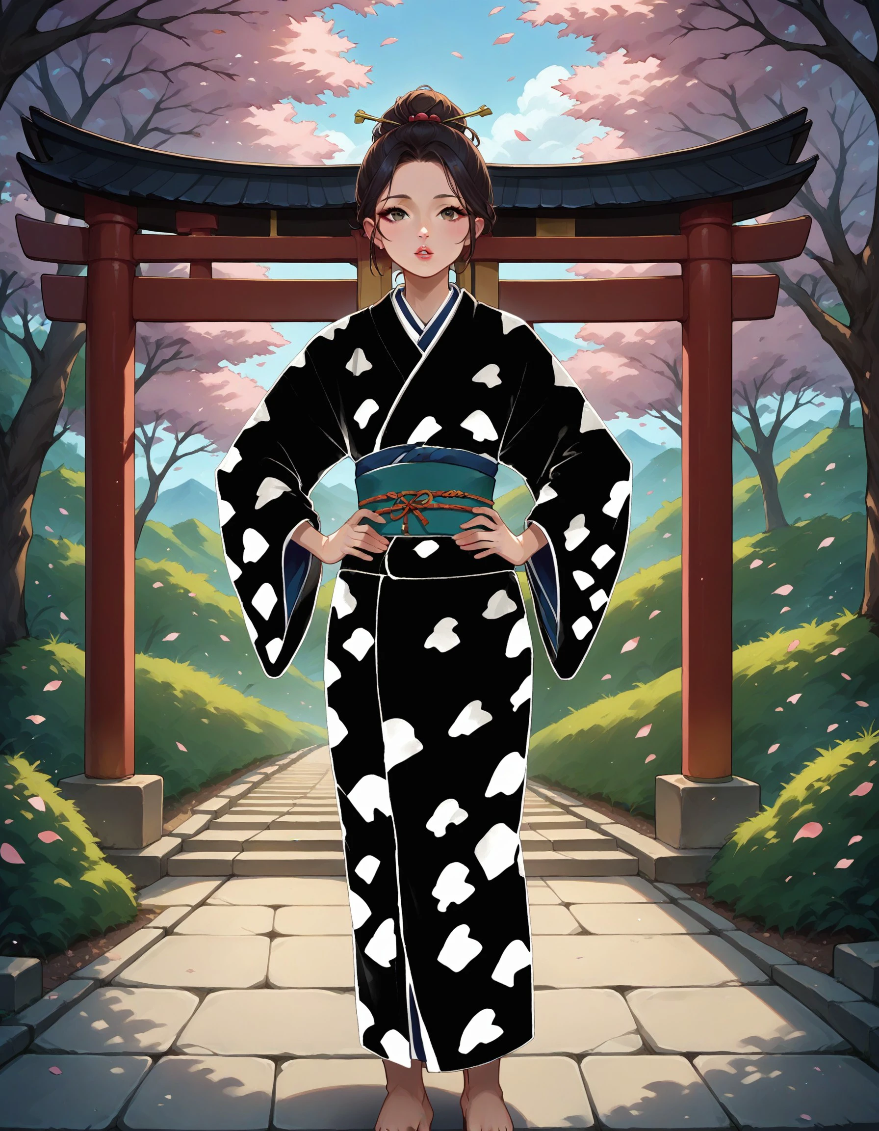 score_9, score_8_up, score_7_up, score_6_up, source_anime, rating_safe, japanese shrine, outdoors, 1woman, standing, hands on hips, invcop pattern, kimono, parted lips, detailed background, cherry trees