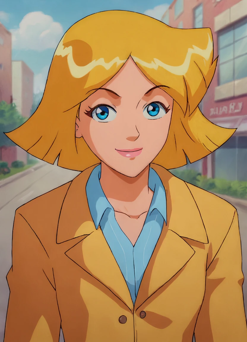 score_9, score_8_up, score_7_up, tsclover, girl, solo, short hair, blonde hair, coat, smile, looking at viewer, source cartoon, retro artstyle