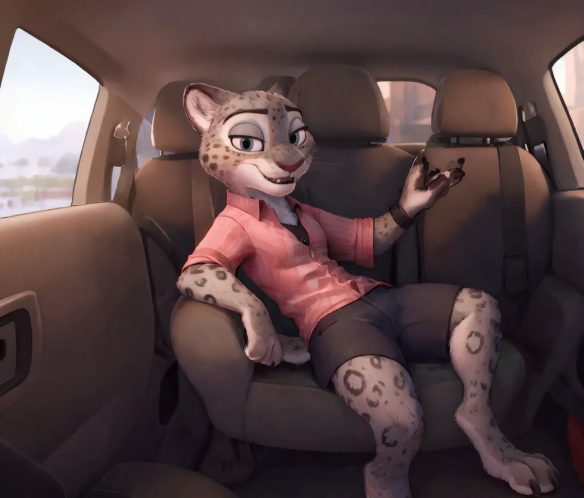 <lora:Fabienne_Growley:0.7>, fabienne_growley, snow leopard, anthro, 1girl, inside:1.2, car,  wearing sunglasses, Mirrored_Aviators:1.3, backseat, lounging, spread arms, zootopia, <lora:Zootopia_anyLora_2:0.7>, looking at viewer, whiskers, <lora:Mirrored_Aviators:1>, striped shirt, shorts , cat paws, fangs