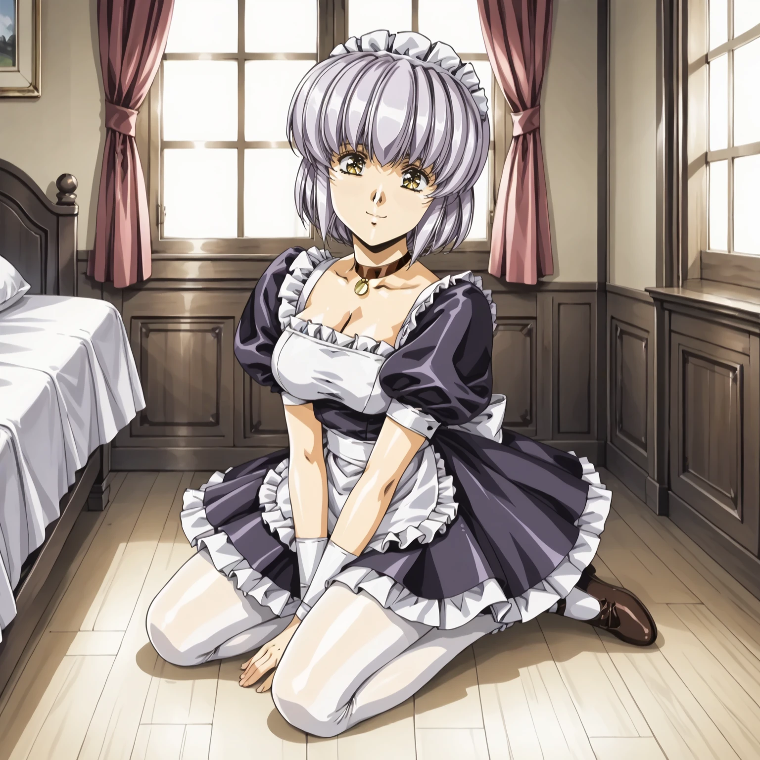 <lora:FI_SophiaXLpony002>,
smile,looking at viewer,
solo,
Sophia,1girl,light purple hair,short hair,sidelocks,yellow eyes,
large breasts,
maid headdress,
choker,
maid,
white_pantyhose,
indoors,
full body,kneeling,