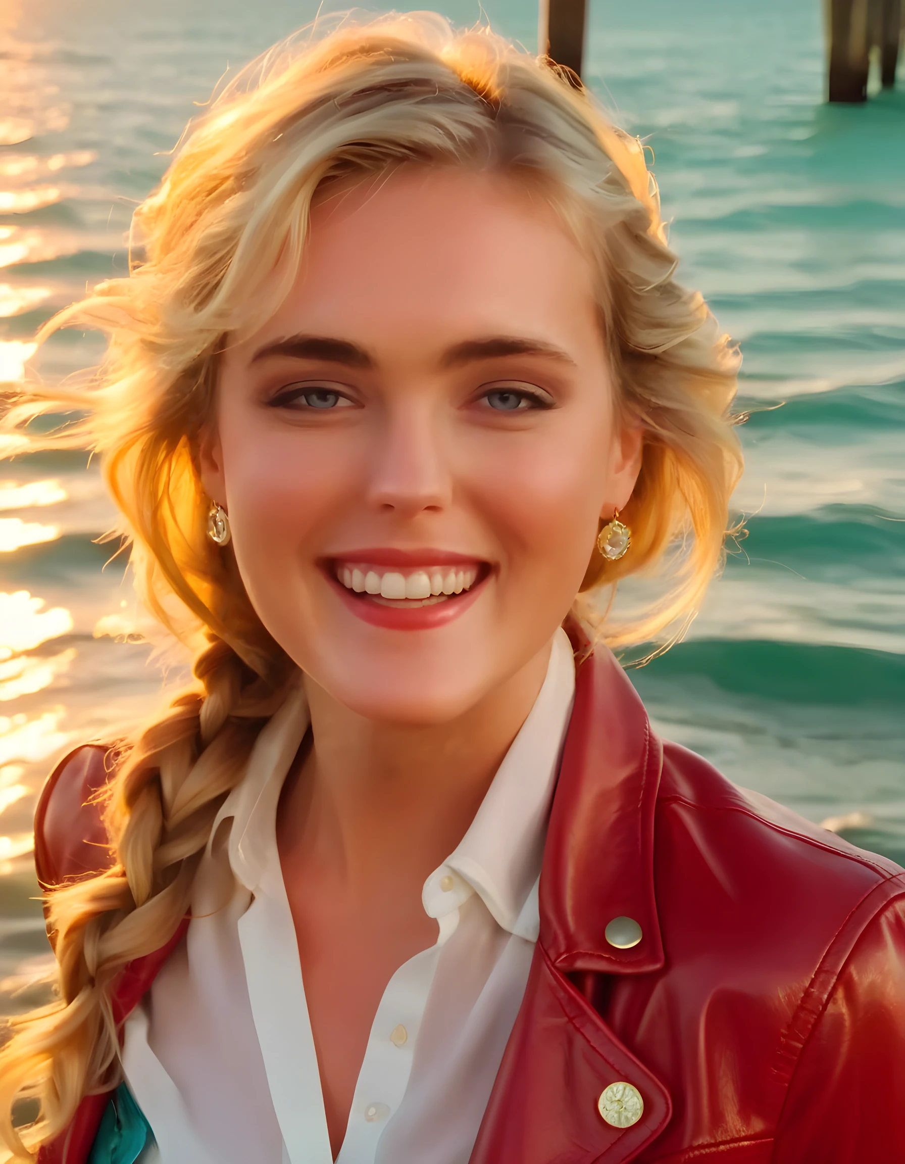 3R1C43L3N14K, A close-up image of a radiant woman, her golden hair cascading in a intricate braid that falls over one shoulder, adorned in a vibrant red leather jacket draped artfully over a white button-down shirt, the collar open to reveal a delicate silver pendant. Her eyes sparkle with an infectious joy as she gazes out towards the setting sun, her lips parted in a wide smile that reveals her pearly whites against the backdrop of a rustic wooden pier stretching out into the tranquil, turquoise sea. The warm glow of the sunset casts a golden hue over her face and outfit, creating a serene, dreamlike atmosphere as seagulls glide overhead, adding to the enchanting tableau.