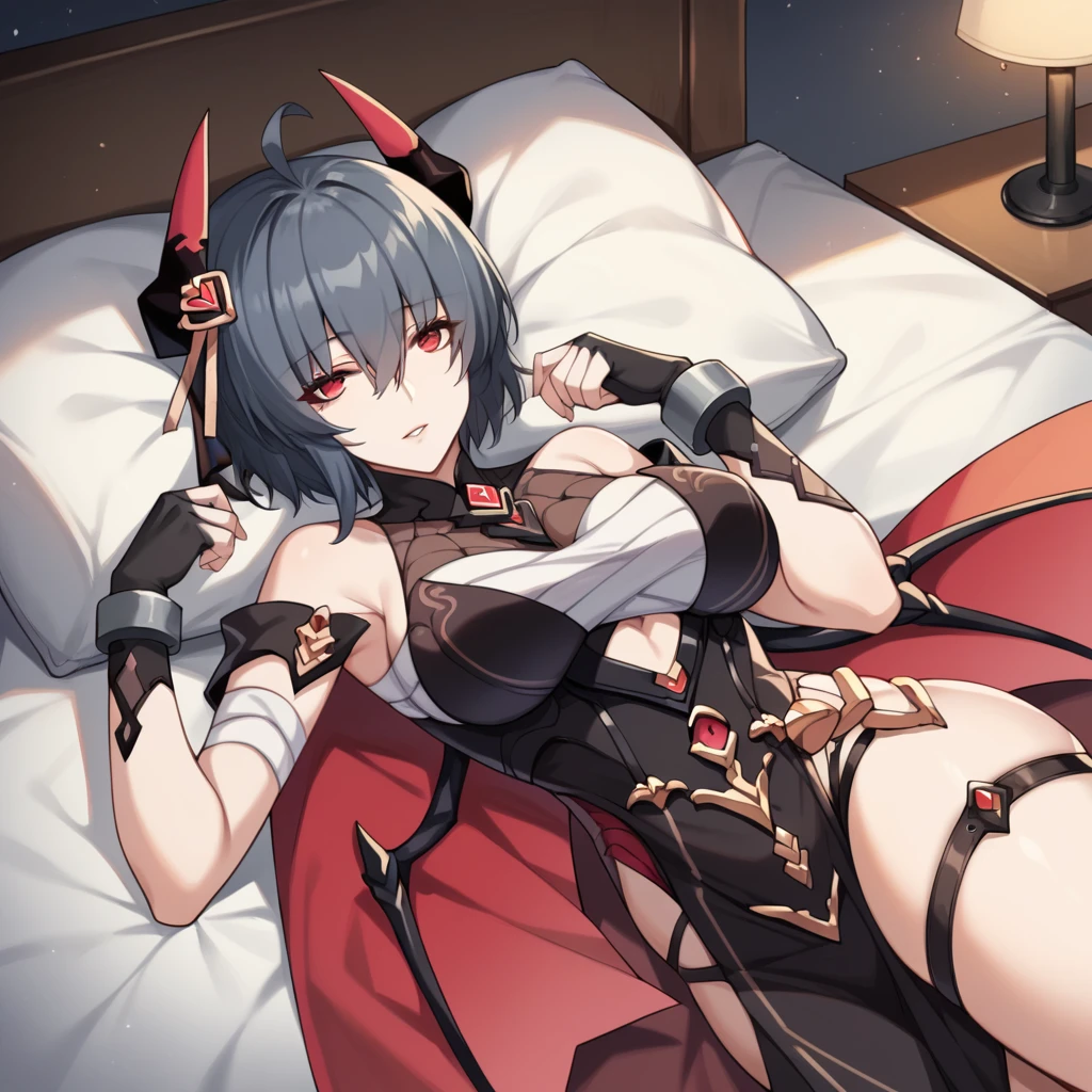 score_9_up, score_8_up, score_7_up, score_6up, source_anime, 1girl, solo, Raven, Raven_Spooky, masterpiece, best quality, perfect face, face focus, shadow, night time, lamp, lying down on bed, seductive, parted lips, from above, looking at you, head on pillow, short hair, black hair, red eyes, hair between eyes, black underwear, single thighhigh, dress, veil, demon wings, halloween costume, horns, bandages, metal cuffs, fingerless gloves, hair ornament, black gloves, ahoge, dynamic cowboy shot, mature body, indoors, bedroom background,