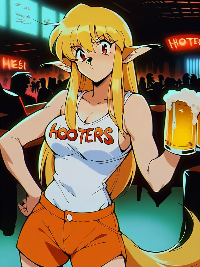 score_9, score_8_up, score_7_up, score_6_up, score_5_up, score_4_up, source_anime, 1girl, solo, KuaruLunaticNight, long blonde hair, animal nose, red eyes, blonde wolf tail, white tanktop, orange shorts, hooters, restaurant, holding tray, beer mug, beer, crowded, crowd, table, chair, detailed face, detailed eyes, detailed background, retro artstyle, 1990s \(style\), <lora:kuaru-v1:1>