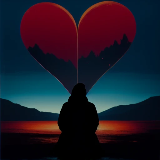 lone figure crouching, solitude, large heart shape above, large moon, cool blue, warm glow, heart-shaped object, reflection on water, fiery orange and red flames, dreamlike quality, suspended heart shape, deep blue surrounding, single window with tattered curtains, blue hooded cloak, , intense red, flickering light source, mysterious atmosphere, contrast of hues, silhouette, contrasting elements, central silhouette of a man, red and white hues, dark landscape, dim lighting, abandoned