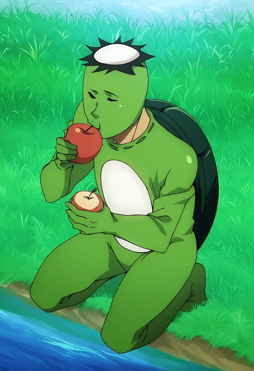 score_9, score_8_up, score_7_up, source_anime, rating_explicit, Mayorkawa, 1boy, male focus, anime screencap, green kappa bodysuit, turtle shell, kneeling on grass, apple on mouth, eating, blurry river outdoors, apples over cucumbers for this kappa---in secret