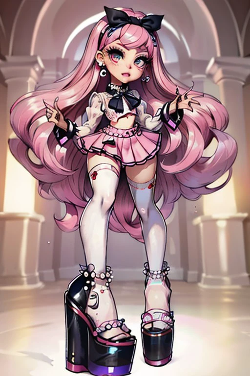 full lips, wavy hair , pink hair, big lips, large eyes, Long hair, abstract background, Long acrylic nails, black bow collar, sheer blouse shirt with white cuffs and black buttons, pink crop top, pink pleated skirt with a black chain belt, thigh-high white stockings, pink platform heels with pearl details, pearl earrings, black headband with pearl accents, platform heels, light skin tone, pink eyeshadow,