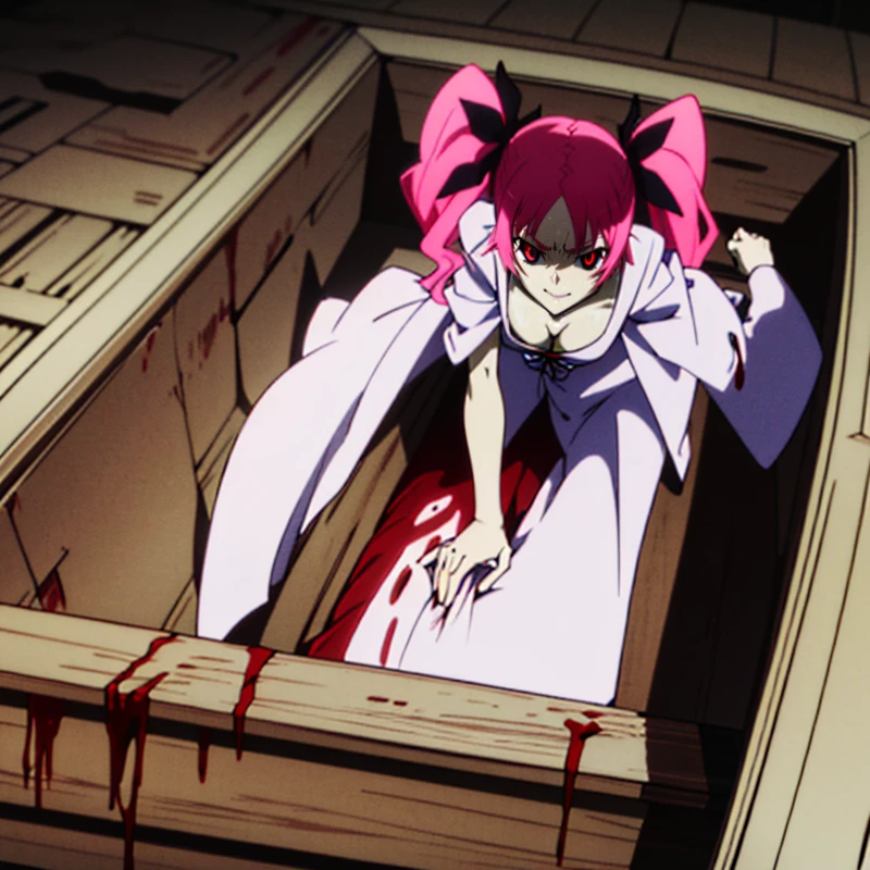 1girl, 18 years old, (looking at viewer), (body covered in blood, bloody:1.3), (climbing out of coffin:1.3),
<lora:m3gum1-000007:.75>, (red eyes), long pink hair,  ( mega twintails), (cleavage),  (hair ribbons:1),(wearing white robe:1.2), pale skin,
<lora:animemix_v3_offset:.4>, 
(masterpiece:1.3), (best quality:1.2), (high resolution:1.2),cinematic lighting,colorful, high contrast,