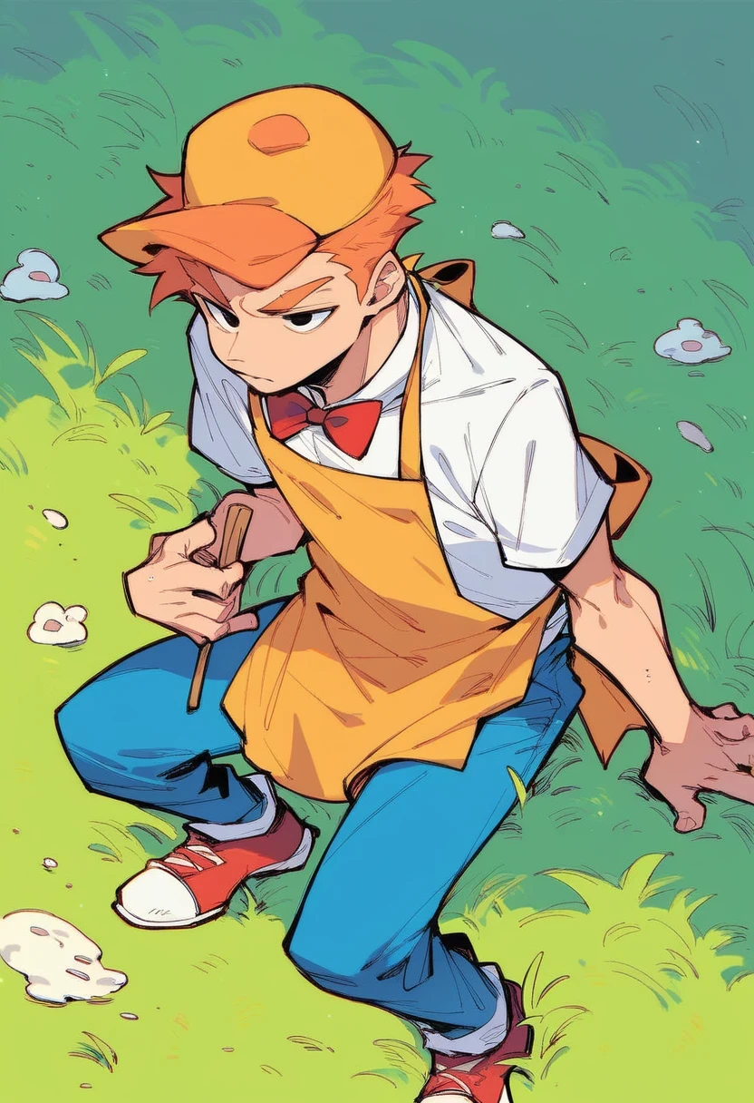 fast_food, solo, 1boy, hat, male focus, pants, red bowtie, orange hair, apron, grass, apron, long blue pants, white short sleeve shirt, shoes, black eyes, orange eyebrows, smile