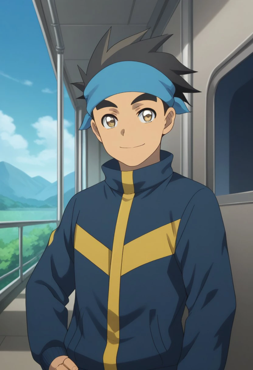 score_9, score_8_up, score_7_up, source_anime, highly detailed, 
taiju, 1boy, male focus, solo, headband, smile, jacket track jacket, track suit, black hair, hand on hip, upper body, blue headband, standing, brown eyes, spiked hair, looking at viewer,
outdoor, sky, blue sky, train, shinkansen