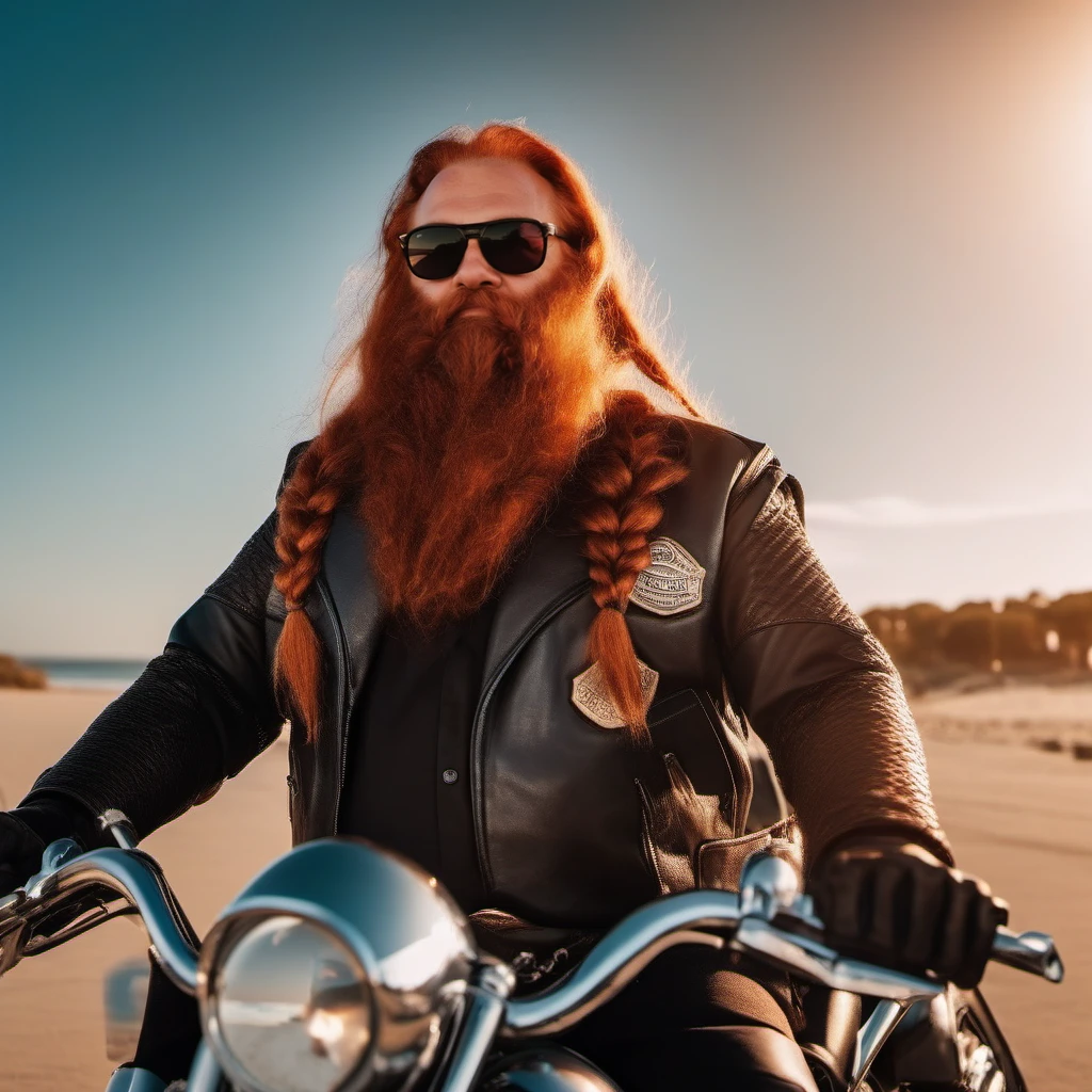 cinematic photo a full body portrait old man, redhead, braids, armor, facial hair,  belt, sunglasses, riding a harley davidson, beach, sunset<lora:Gimli1024:0.8> . 35mm photograph, film, bokeh, professional, 4k, highly detailed