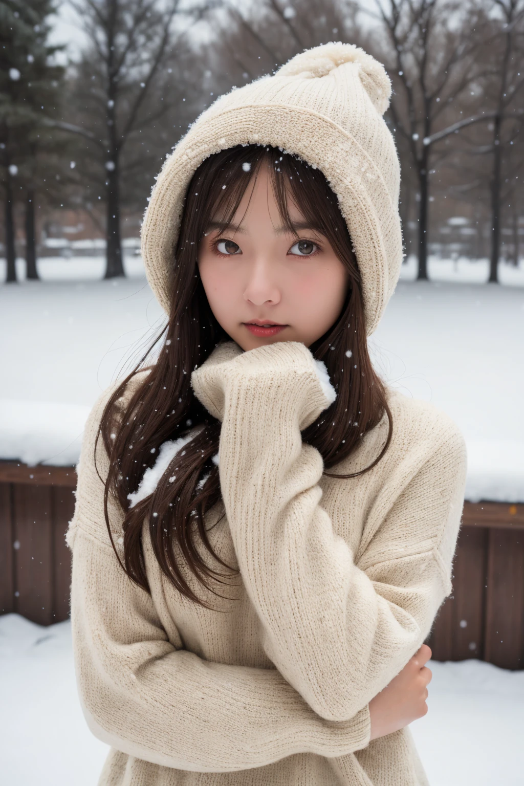 masterpiece, best quality, raw photo, realistic, adult girl, looking at viewer, supporting head on two hands, long hair, sweater, sweater hat,
extremely beautiful detailed face, best shadow, medium breasts, (cute face, temptations look), snowing, snowing background, (sepia photography),
(professional photo, balanced photo, high contract exposure)