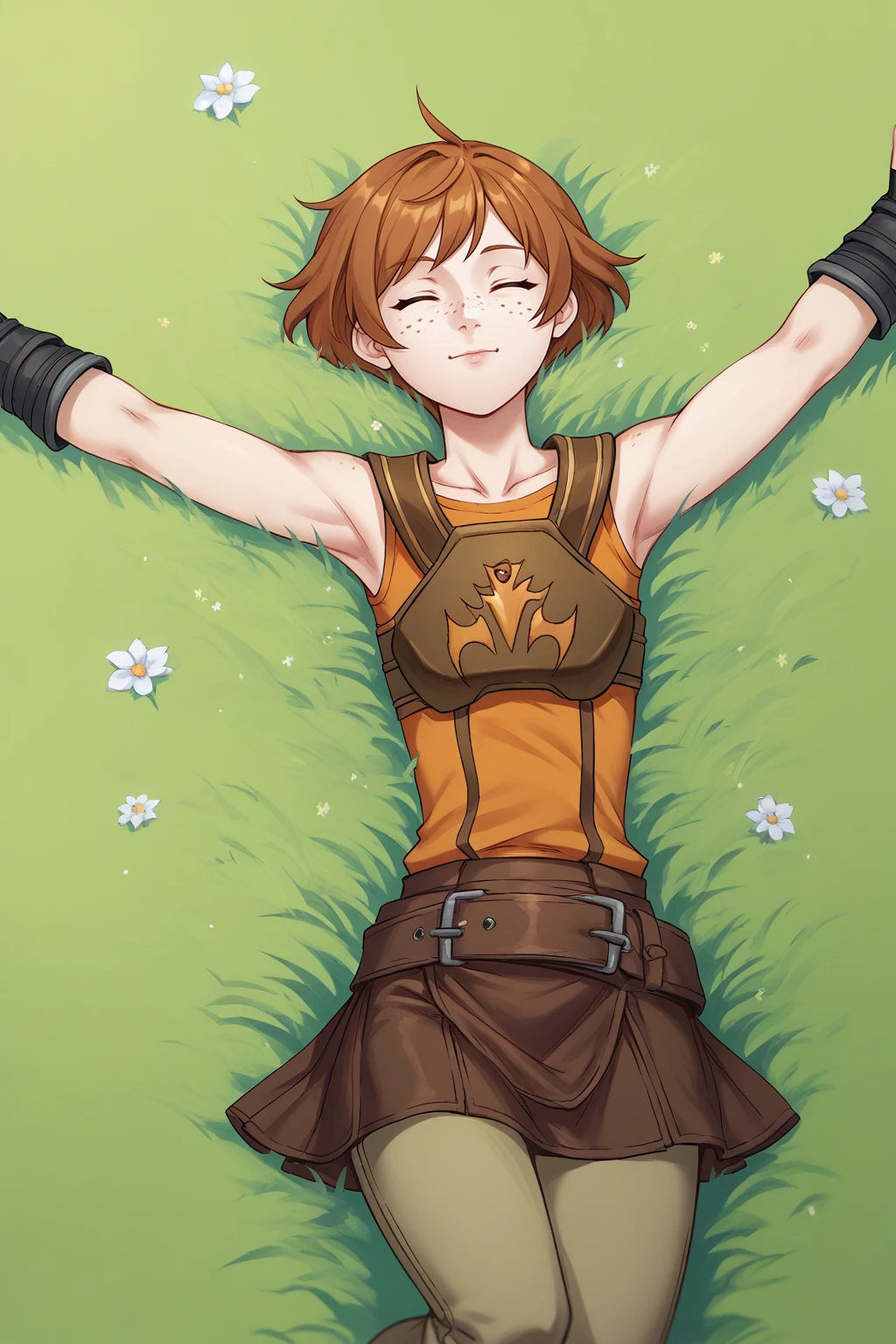 score_9, score_8_up, score_7_up, BREAK digital painting, 1girl, solo, <lora:NSDorothyFE6:1> NSDorothyFE6, freckles, brown hair, short hair, closed eyes, black fingerless gloves, armor, orange shirt, sleeveless, pants under skirt, brown skirt, pants, outstretched arms, lying on grass, happy