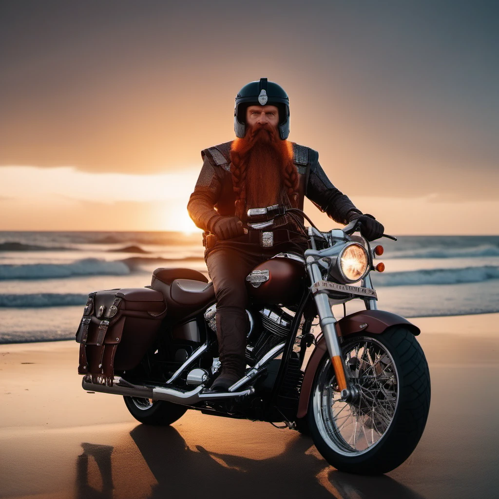 cinematic photo a full body portrait old man, redhead, helmet braids, armor, facial hair,  belt, riding a harley davidson, beach, sunset<lora:Gimli1024:0.8> . 35mm photograph, film, bokeh, professional, 4k, highly detailed