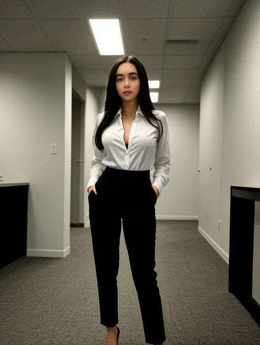 full body shot of business photo of Thefinalgirl,<lora:Thefinalgirl:1>,, pants, black attire, big breasts, collared shirt, tucked shirt. Professional attire, workplace setting, confident. Whole outfit, clear, sharp, balanced<lora:lcm-lora-sd15:1.0>