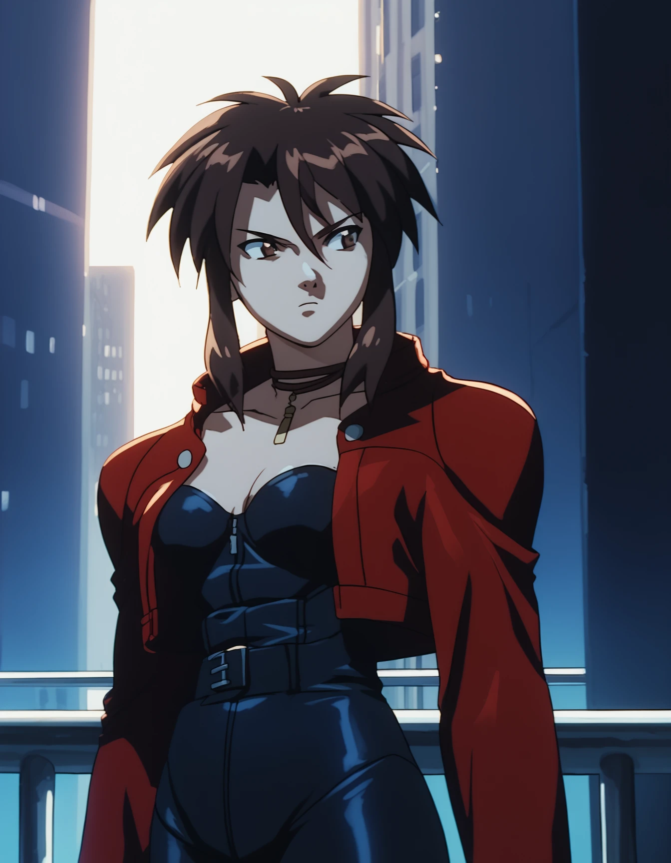 score_9,  score_8_up, score_7_up, source_anime, <lora:priss-v3-ponyxl-000005:1> priss, brown eyes, ribbon choker, cropped jacket, red jacket, bodysuit,
1girl, cowboy shot, fingerless gloves, serious, looking to the side, city, night, dim lighting