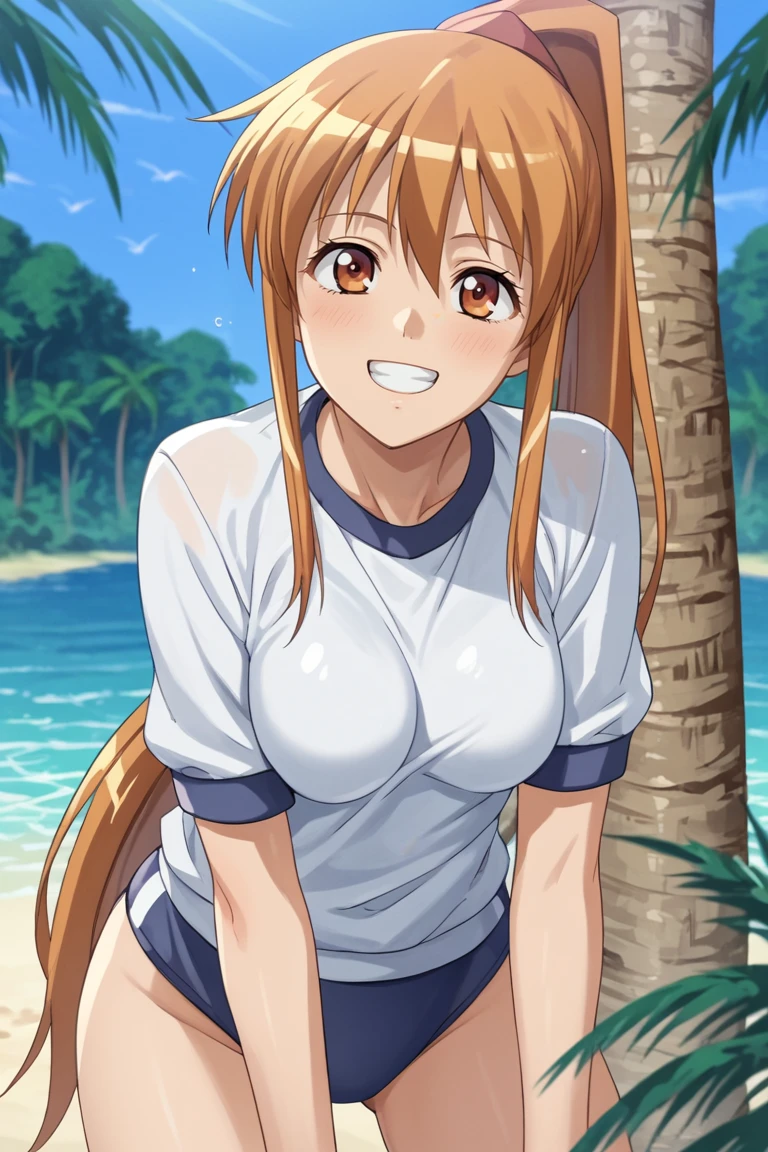 score_9, score_8_up, score_7_up, score_6_up, score_5_up, score_4_up, BREAK source_anime,, 1 girl, solo, , anime coloring, looking at viewer, tree, , , water, , grin, teeth, gym uniform, beach, , yuri, aosu saori, pony tail, medium breasts<lora:EMS-413796-EMS:1.000000>