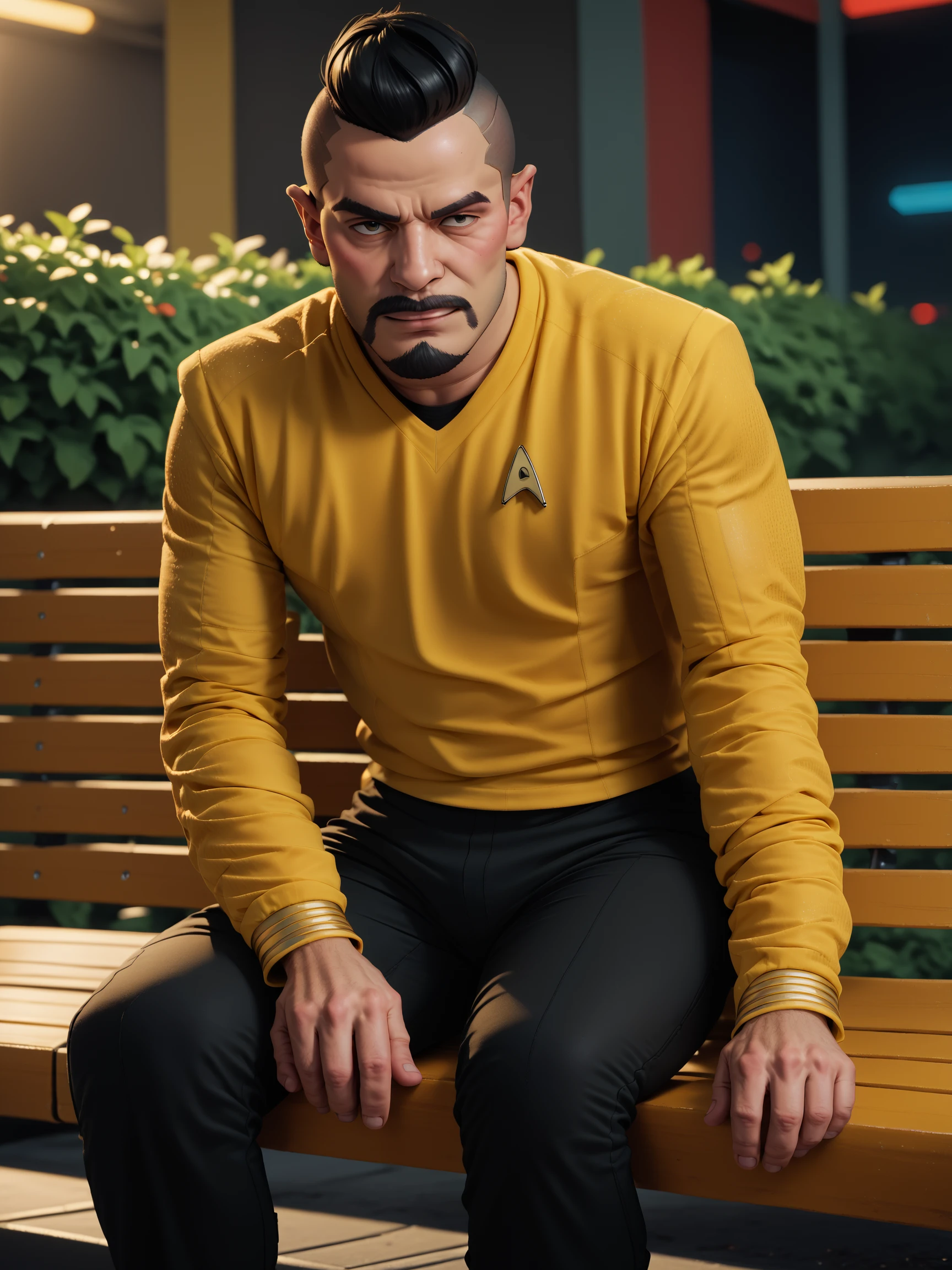 score_9, score_8_up, score_7_up, score_6_up, score_5_up, man in star trek yellow uniform, in stsnwunf,long sleeves,black pants,buzzcut,black beard,on a bench,in park<lora:ponySNW:0.8>