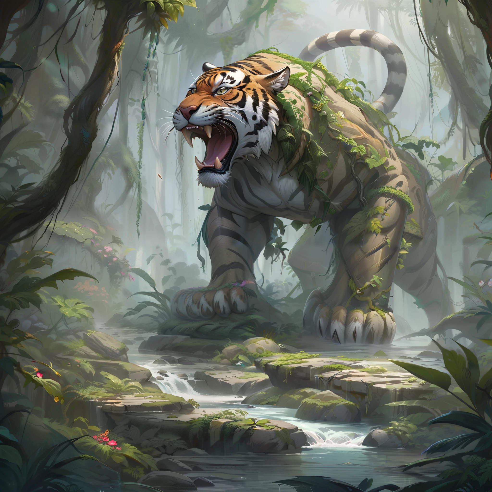 A tiger walking through a misty jungle, flowers, vines, trees, small flowing stream with stones and pebbles, jungle canopy, high quality, detailed, concept art