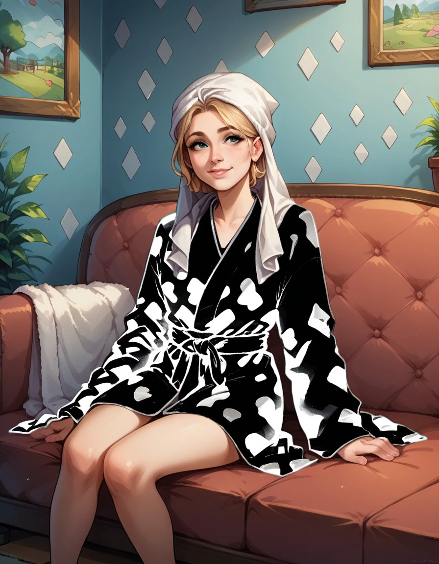 score_9, score_8_up, score_7_up, score_6_up, rating_safe, living room, apartment interior, 1woman, lounging on sofa, invcop pattern, robe, towel on head, rosy cheeks, detailed background