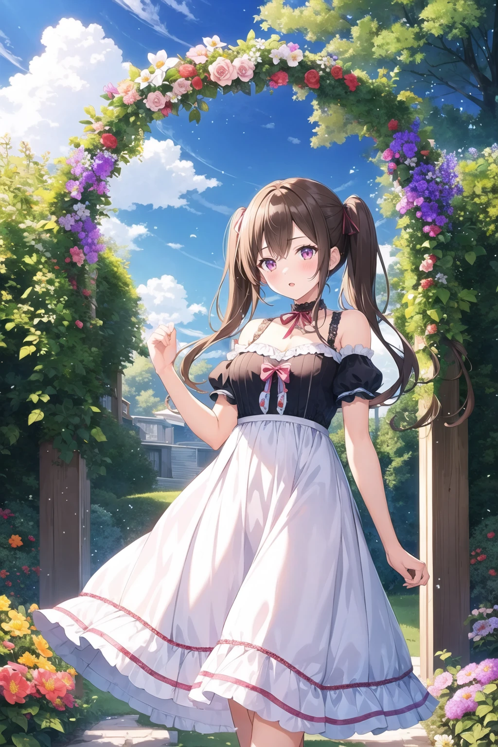 (concept art:1.2),(game event cg:1.2),masterpiece,best quality,CG,wallpaper,HDR,high quality,high-definition,extremely detailed,(detailed light),
BREAK
(1girl:1.4),brown hair,low twintails,ribbon,sundress,
BREAK
garden,(flower arch:1.2),extremely detailed sky,detailed background,intricate background,