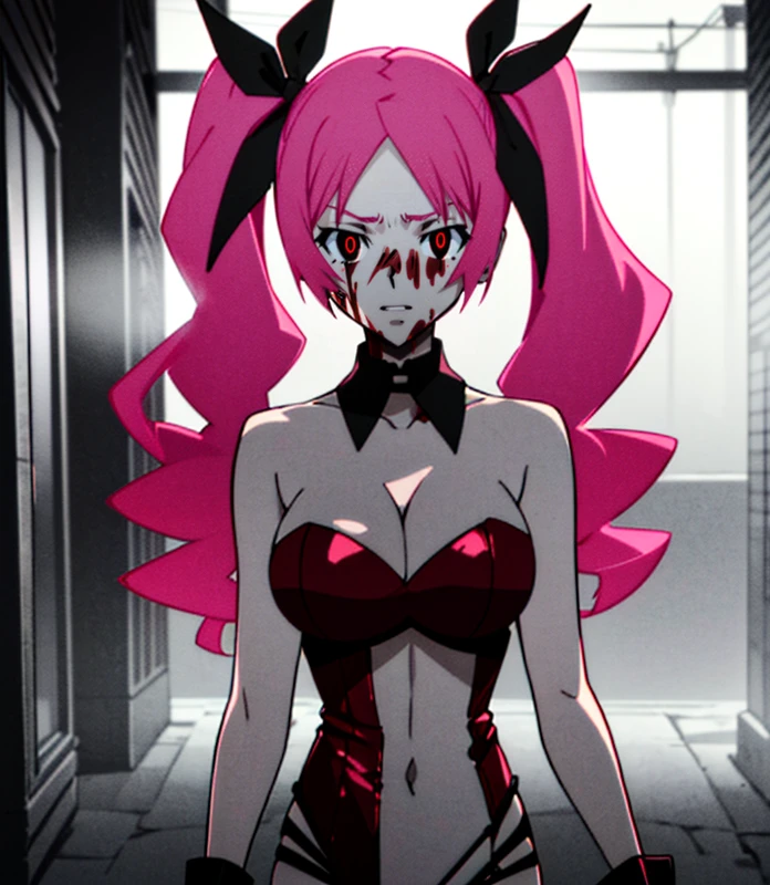 1girl, 18 years old, (looking at viewer), (body covered in blood, bloody:1.3), holding a wooden stake, in a dark alley,
<lora:m3gum1-000007:.75>, (red eyes), long pink hair,  ( mega twintails), (cleavage),  (hair ribbons:1),(wearing skimpy nightclub outfit:1.2), pale skin,
<lora:animemix_v3_offset:.4>, 
(masterpiece:1.3), (best quality:1.2), (high resolution:1.2),cinematic lighting,colorful, high contrast,