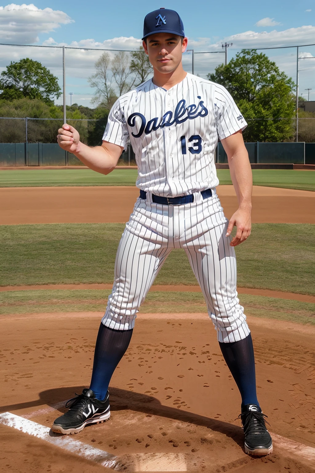 baseball field, outdoors, standing, JedAthens is a baseballplayer, slight smile, baseball uniform, (white jersey:1.3) with blue pinstripes, (white pants) with blue pinstripes, (blue socks), long socks, baseball cap, mitt, (black sneakers), ((full body portrait)), wide angle  <lora:Clothing - Sexy Baseball Player:0.70>    <lora:JedAthens:0.8>