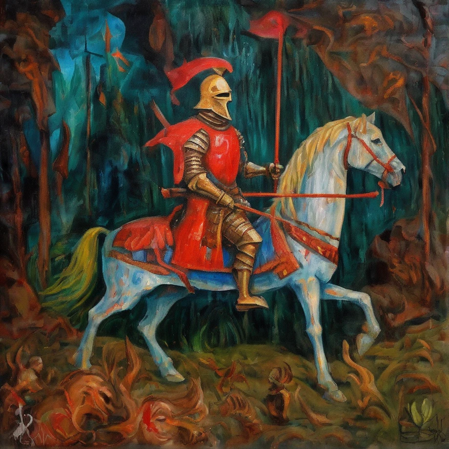 <lora:Jazep_DrazdoviÄ_style:1>,knight1,on horse1,slavic,style,oil painting