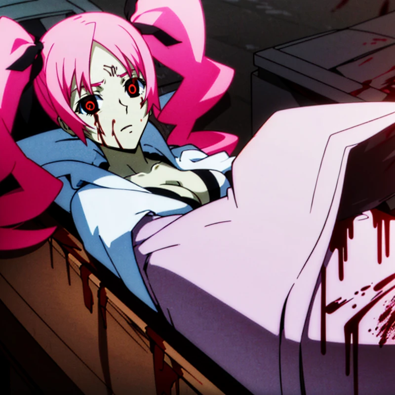 1girl, 18 years old, (looking at viewer), (body covered in blood, bloody:1.3), (laying in  coffin:1.3),
<lora:m3gum1-000007:.75>, (red eyes), long pink hair,  ( mega twintails), (cleavage),  (hair ribbons:1),(wearing white robe:1.2), pale skin,
<lora:animemix_v3_offset:.4>, 
(masterpiece:1.3), (best quality:1.2), (high resolution:1.2),cinematic lighting,colorful, high contrast,