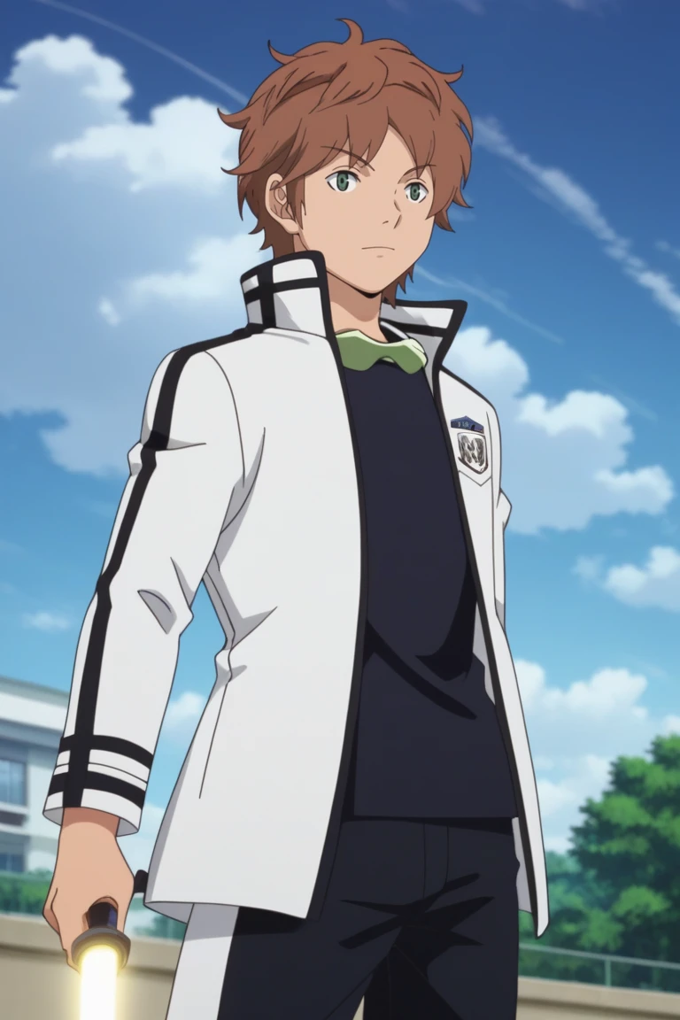 score_9, score_8_up, score_7_up, score_6_up, zPDXL2, detailed, intricate details,cowboy shot,best quality ,source_anime, male focus,
shun midorikawa, brown hair, green eyes, white jacket, black shirt, goggles around neck, 1boy, male focus, weapon, solo, sky, cloud, sword, day, school uniform, holding, pants, blue sky, holding weapon, glowing, jacket<lora:EMS-413640-EMS:1.000000>