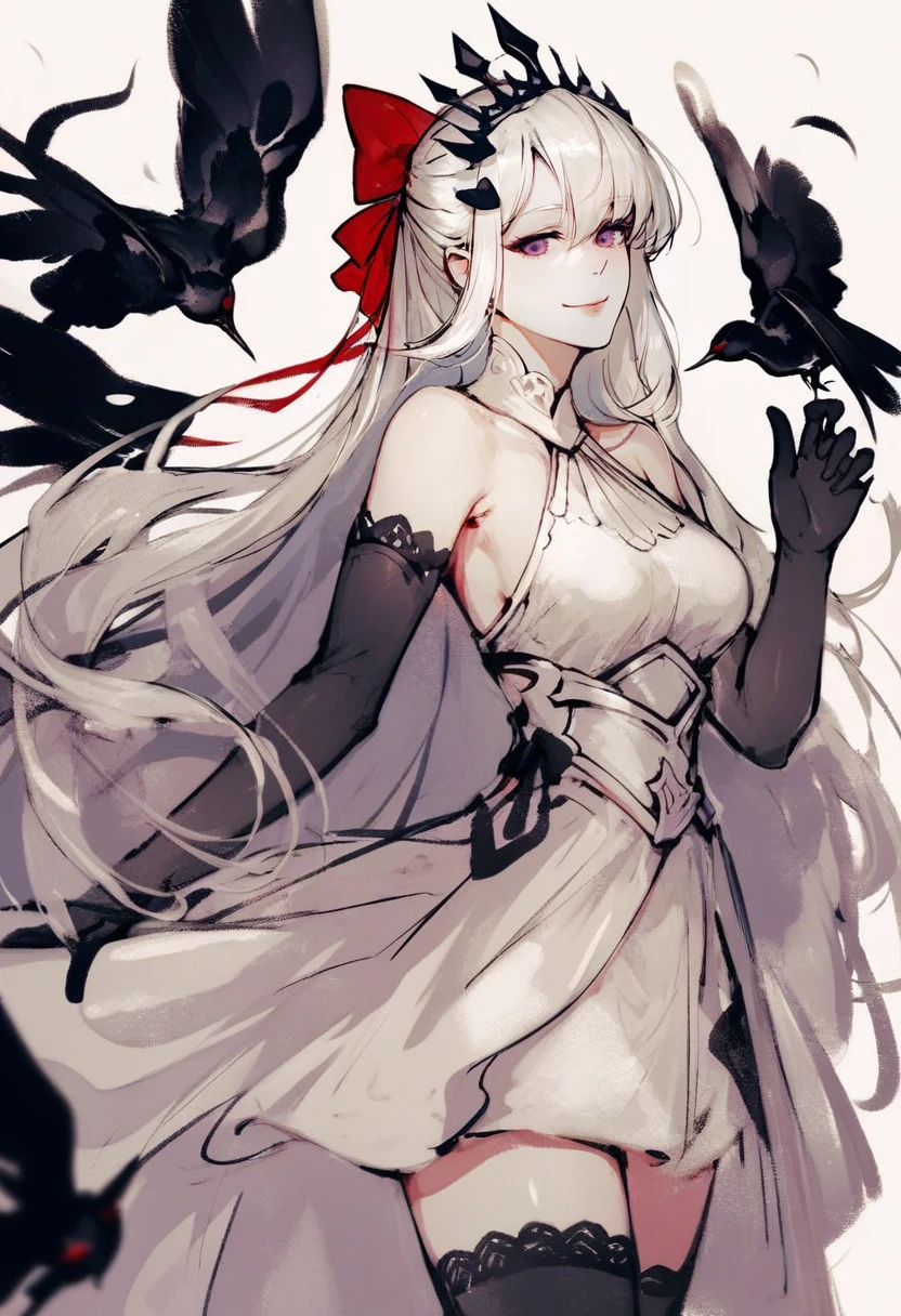 score_9, score_8_up, score_7_up, score_6_up, <lora:InkXL_P6_lokr_V43P1:0.95> monochrome, 1girl, brynhildr \(fate\), bird, gloves, dress, elbow gloves, long hair, bow, purple eyes, black gloves, white hair, smile, solo, very long hair, crown, looking at viewer, bare shoulders, breasts, multicolored hair, white dress, red bow, cowboy shot, bird on hand, animal, closed mouth, hair bow, medium breasts, thighhighs, sleeveless, hair ornament